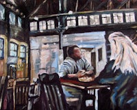 a painting of two people sitting at a table