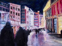 a painting of people walking down a street at night