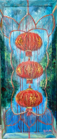 a painting of red lanterns on a canvas