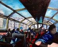 a painting of people sitting on a train