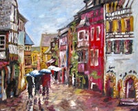 a painting of people walking down a street with umbrellas