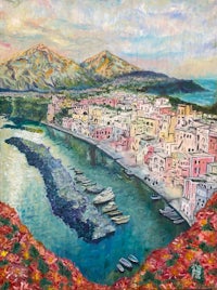 a painting of a town with boats and mountains in the background