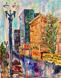 a painting of a street scene with a street lamp