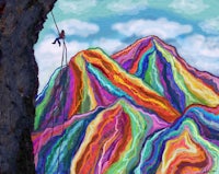 a colorful painting of a man climbing a mountain