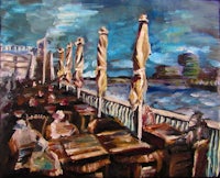 a painting of people sitting at tables on a balcony