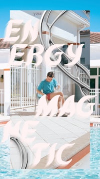 an image of a man sitting by a pool with the words energy magnetic