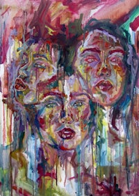 a painting of three women with faces painted on them