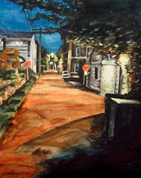 a painting of a street with houses in the background