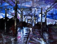 a painting of a train track at night