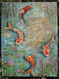 a painting of koi fish swimming in a pond