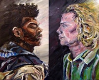 a painting of two men looking at each other