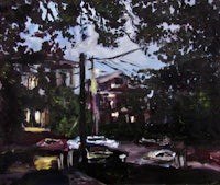 a painting of cars parked in front of a house