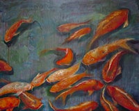 a painting of koi fish swimming in a pond